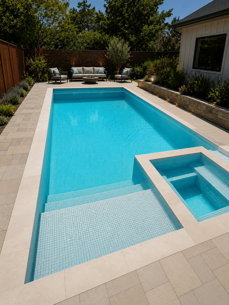 custom pools melbourne and Spas: Pool-integrated concrete spa with tiled steps, shallow lounging area, sunny backyard, modern outdoor furniture.