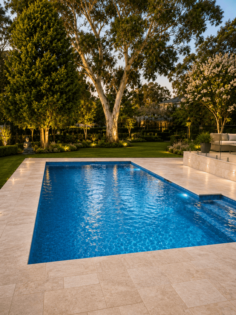 Modern rectangular fibreglass swimming pool with integrated spa, premium stone paving, landscaped backyard, and ambient evening lighting.