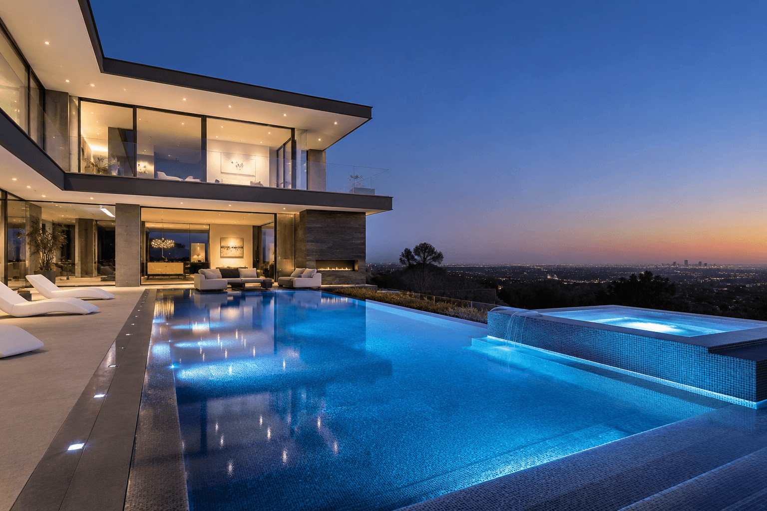 Luxury custom concrete infinity custom pool and spa with blue LED lighting at twilight, overlooking Melbourne city skyline from a modern hillside home