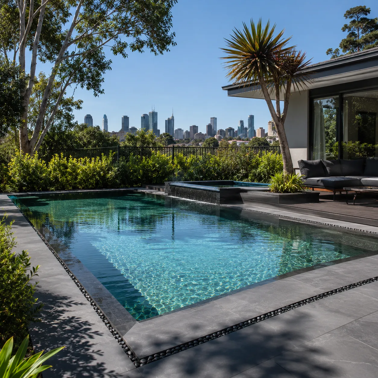 Luxury modern concrete swimming pool in a Melbourne backyard with crystal-clear turquoise water, dark grey coping, native Australian landscaping, and a contemporary architectural home under a bright sunny sky.
