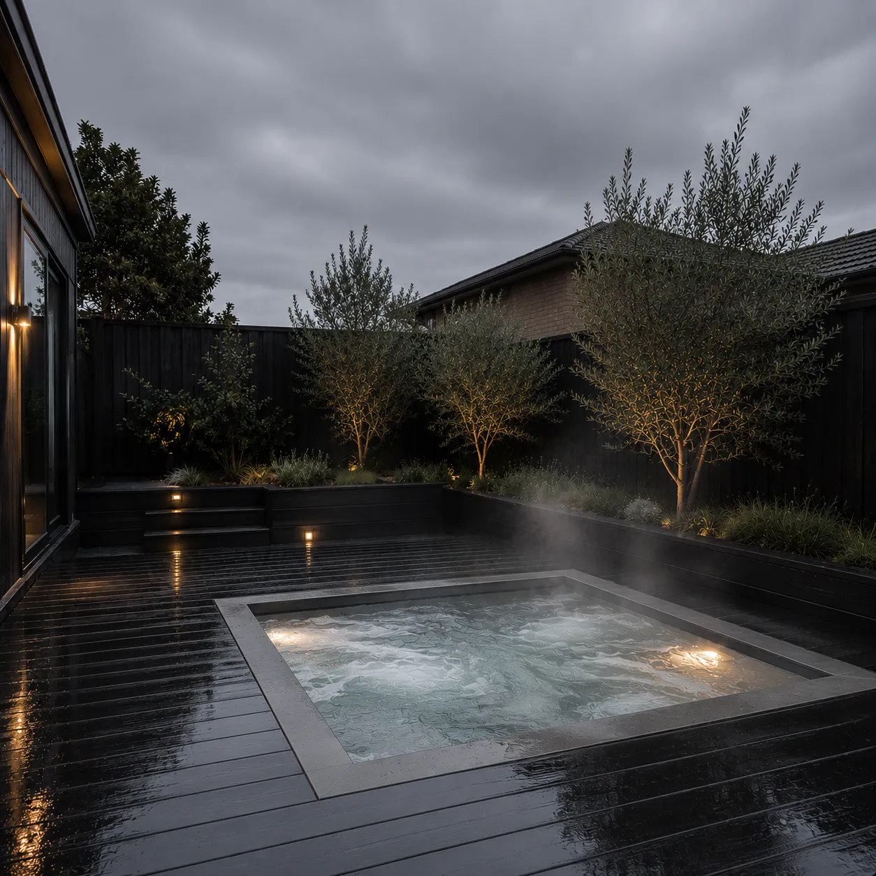 An atmospheric outdoor plunge pool with bubbling hot water and rising steam, surrounded by wet dark wood decking and framed by illuminated trees and a black fence on an overcast evening.
