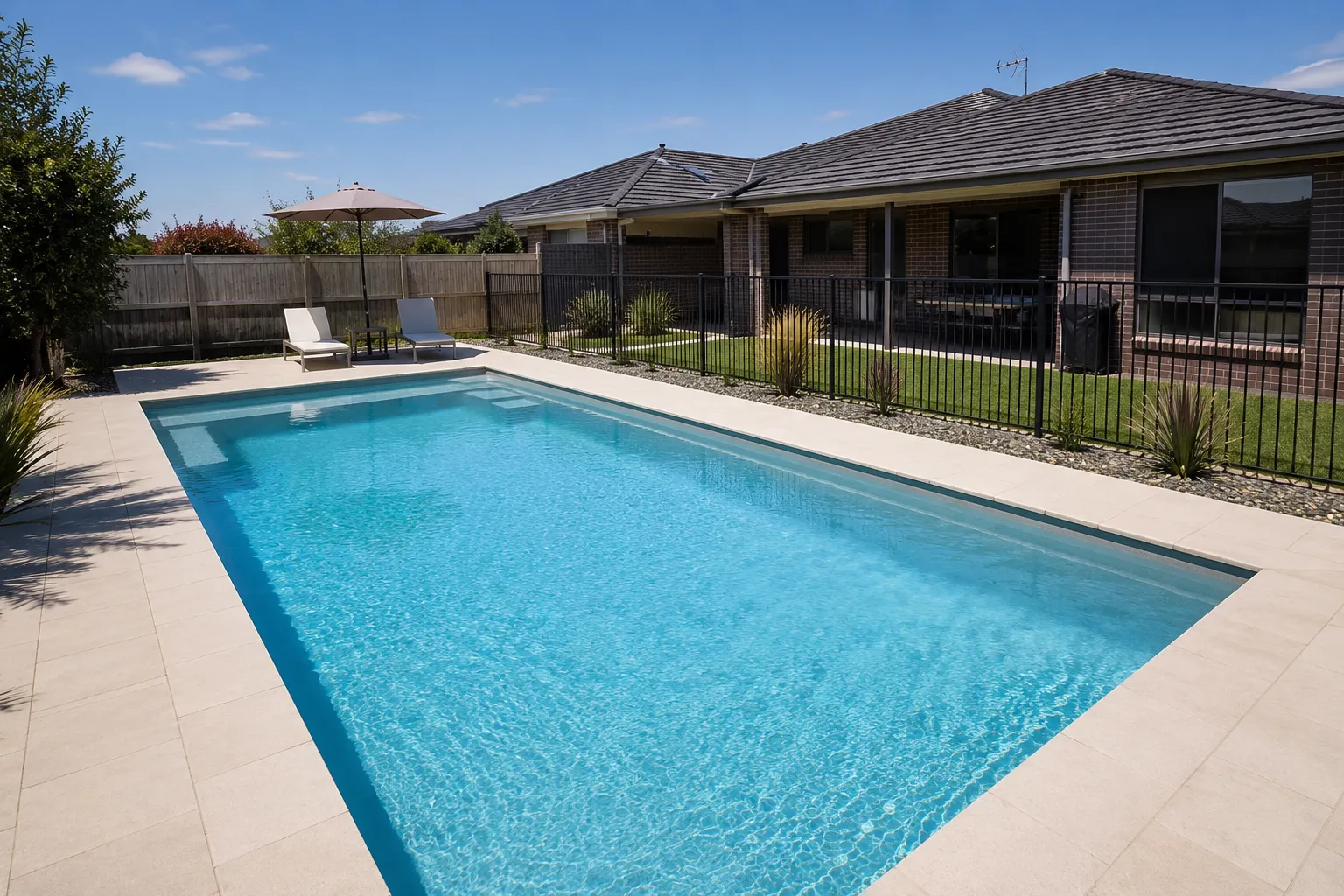 A bright, sunny backyard featuring a rectangular inground swimming pool with clear blue water, surrounded by light-colored stone decking. Two white lounge chairs under an umbrella are positioned near the head of the pool, while a black metal fence separates the pool area from a green lawn and a brick residence in the background.