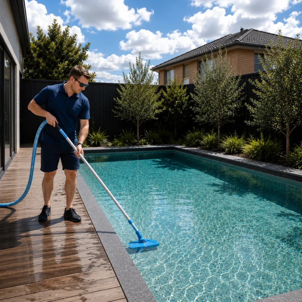 Man in blue polo and shorts cleaning a backyard swimming pool with a manual vacuum on a sunny day.