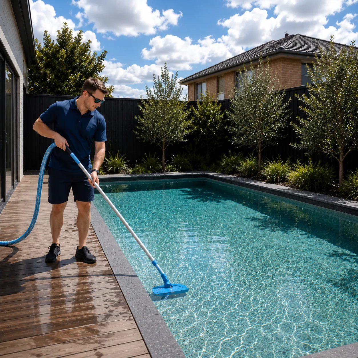 Man in blue polo and shorts performing pool service Melbourne. He is cleaning a backyard swimming pool with a manual vacuum on a sunny day.