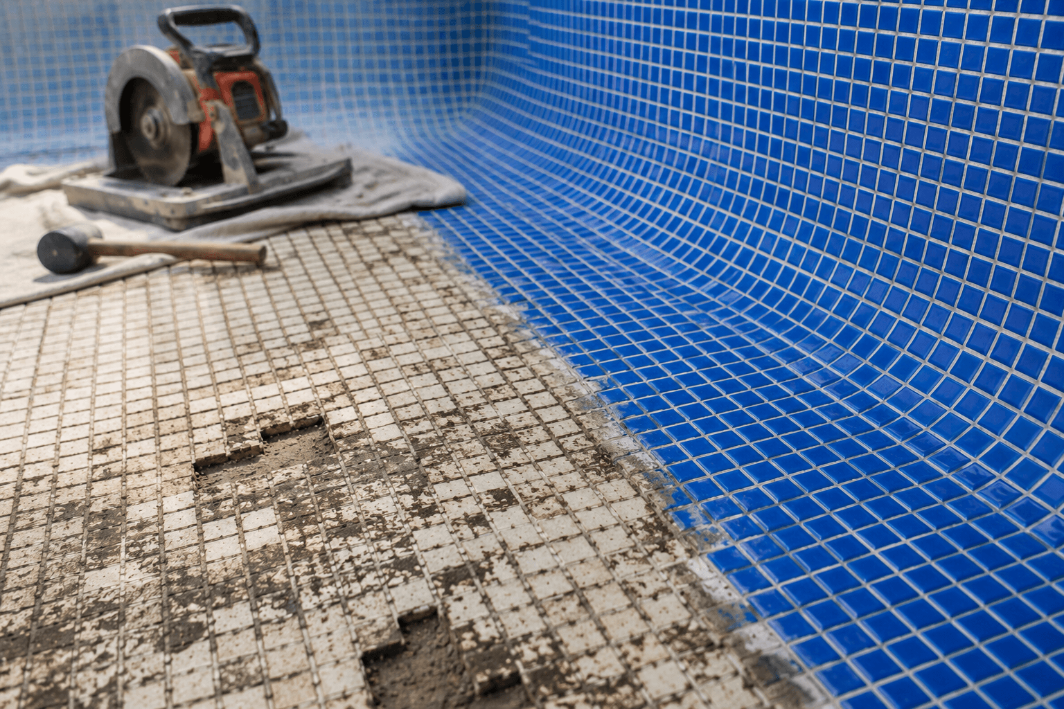 A view of a pool renovation featuring a diagonal split between worn beige tiles with tools nearby and a finished section of fresh blue mosaic tiles.