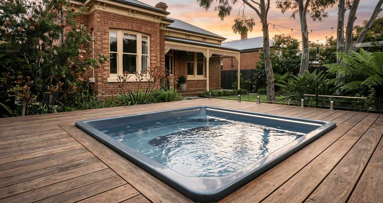 Custom spas Melbourne: Pool-integrated concrete spa with tiled steps, shallow lounging area, sunny backyard, modern outdoor furniture.