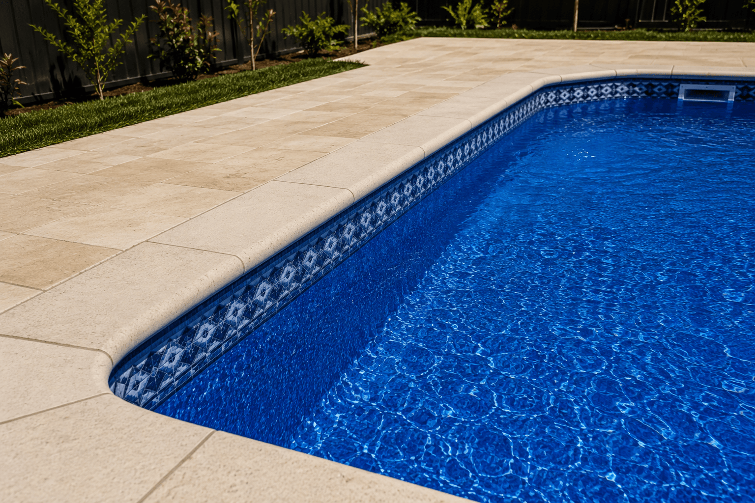 Pool paving Melbourne - beige travertine pavers with decorative blue tile border