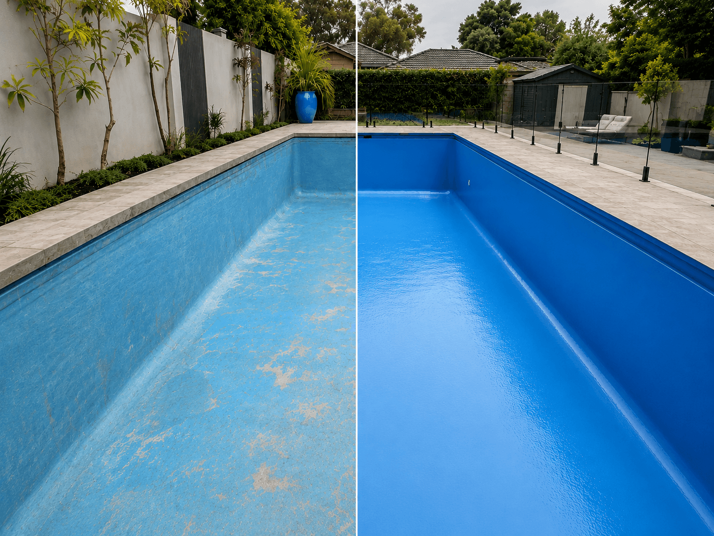 Pool painting Melbourne before and after - faded pool resurfaced with vibrant blue paint