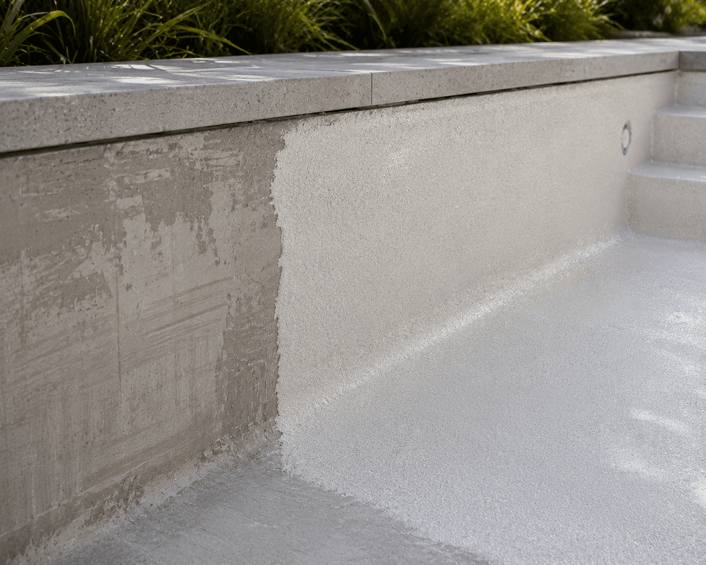 Concept resurface concrete pool Melbourne with raw concrete wall and smooth rendered white pool surface.
